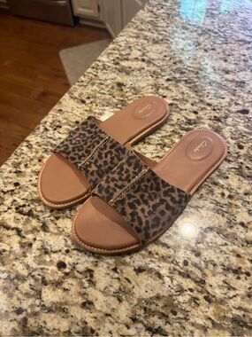 Clarks Leopard Print Slide Sandals in Brown and Tan